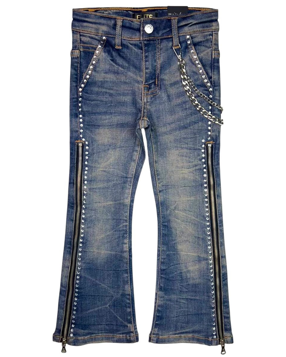 Blue jeans with zippers and chains on a white background