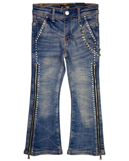 Blue jeans with zippers and chains on a white background
