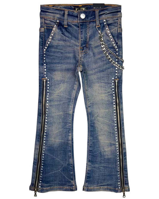 Blue jeans with zippers and chains on a white background