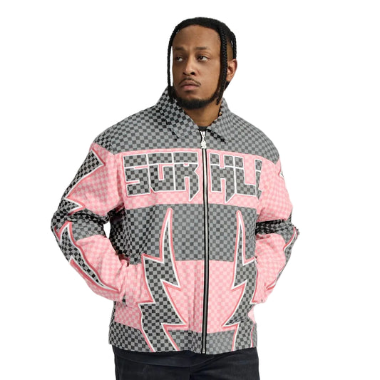Person wearing a checkered jacket with pink accents on a white background