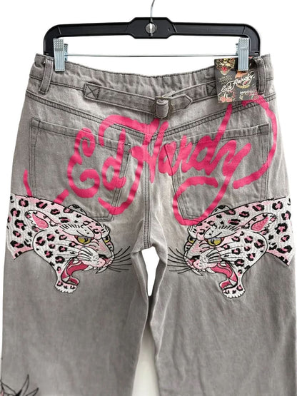 Ed Hardy Women's Pink Skull Flame Baggy Jeans