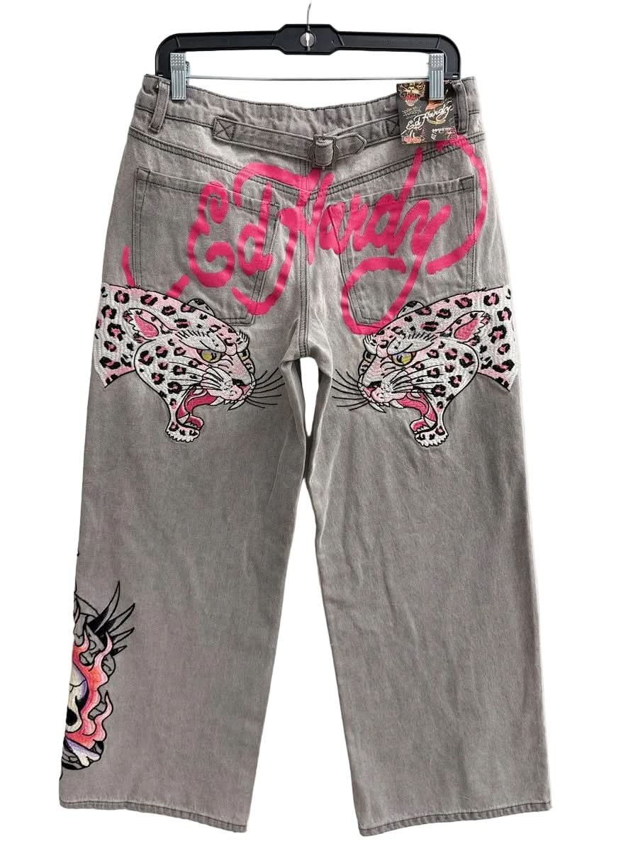 Ed Hardy Women's Pink Skull Flame Baggy Jeans