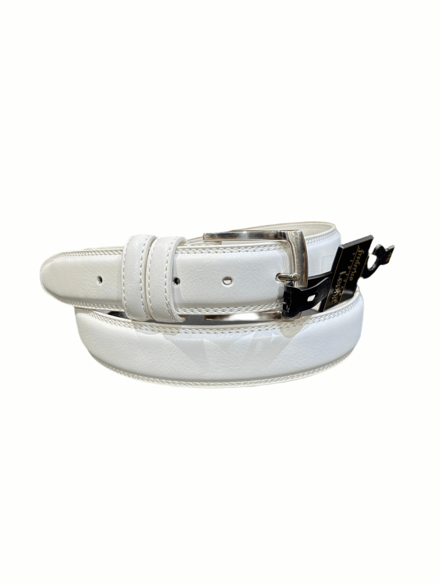 White leather belt with silver buckle. 