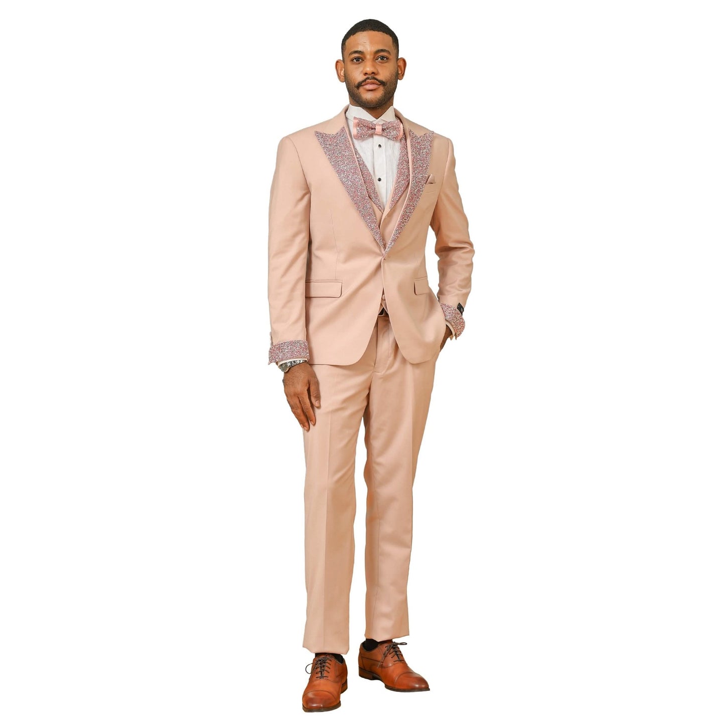 3 PC Solid Satin Rhinestone Peak Lapel Collared Vest Suit from On Time Fashions – Mens-suit by Tazzio, Birmingham AL’s 1 fashion store and premier destination for streetwear, suits, kids fashion, and big & tall