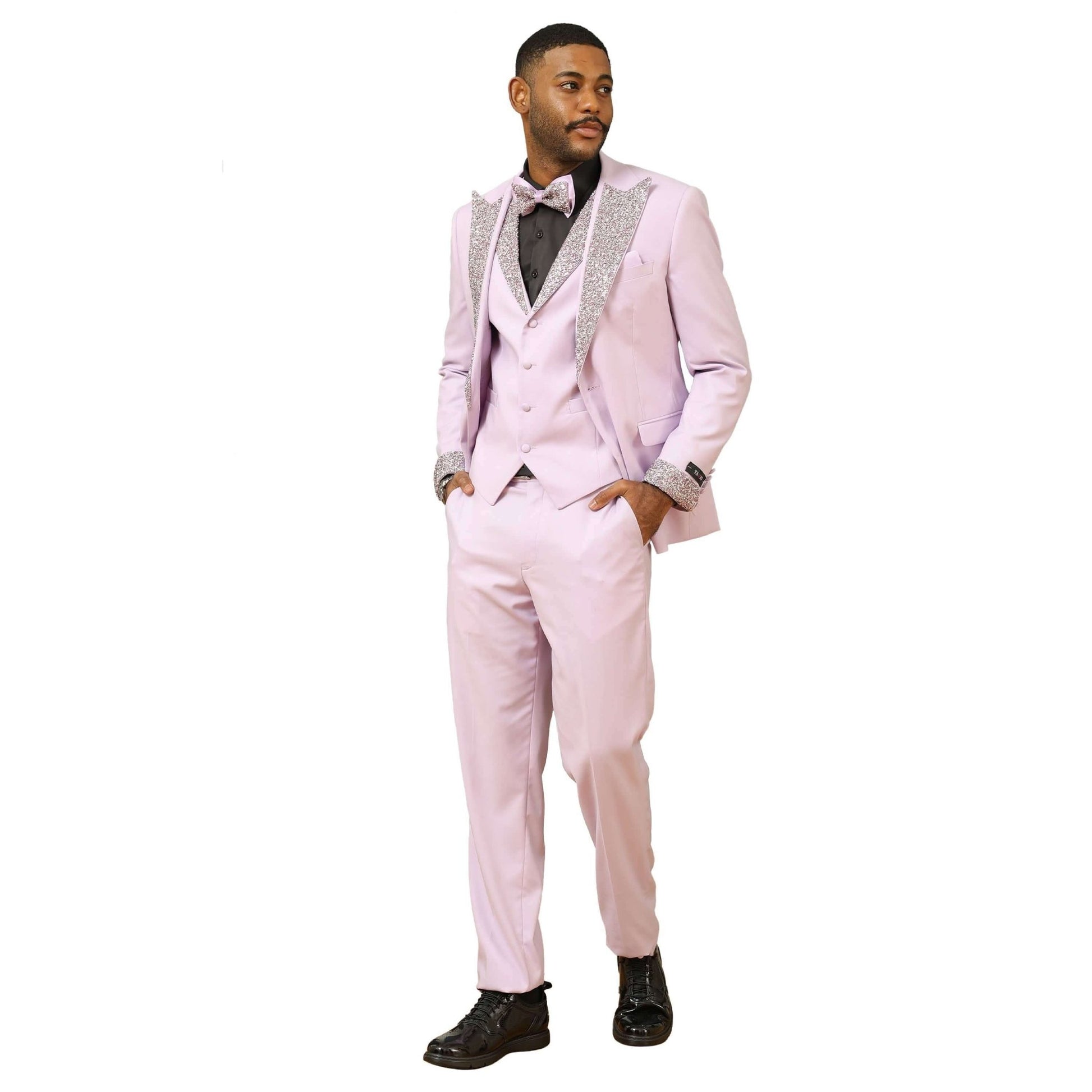 3 PC Solid Satin Rhinestone Peak Lapel Collared Vest Suit from On Time Fashions – Mens-suit by Tazzio, Birmingham AL’s 1 fashion store and premier destination for streetwear, suits, kids fashion, and big & tall