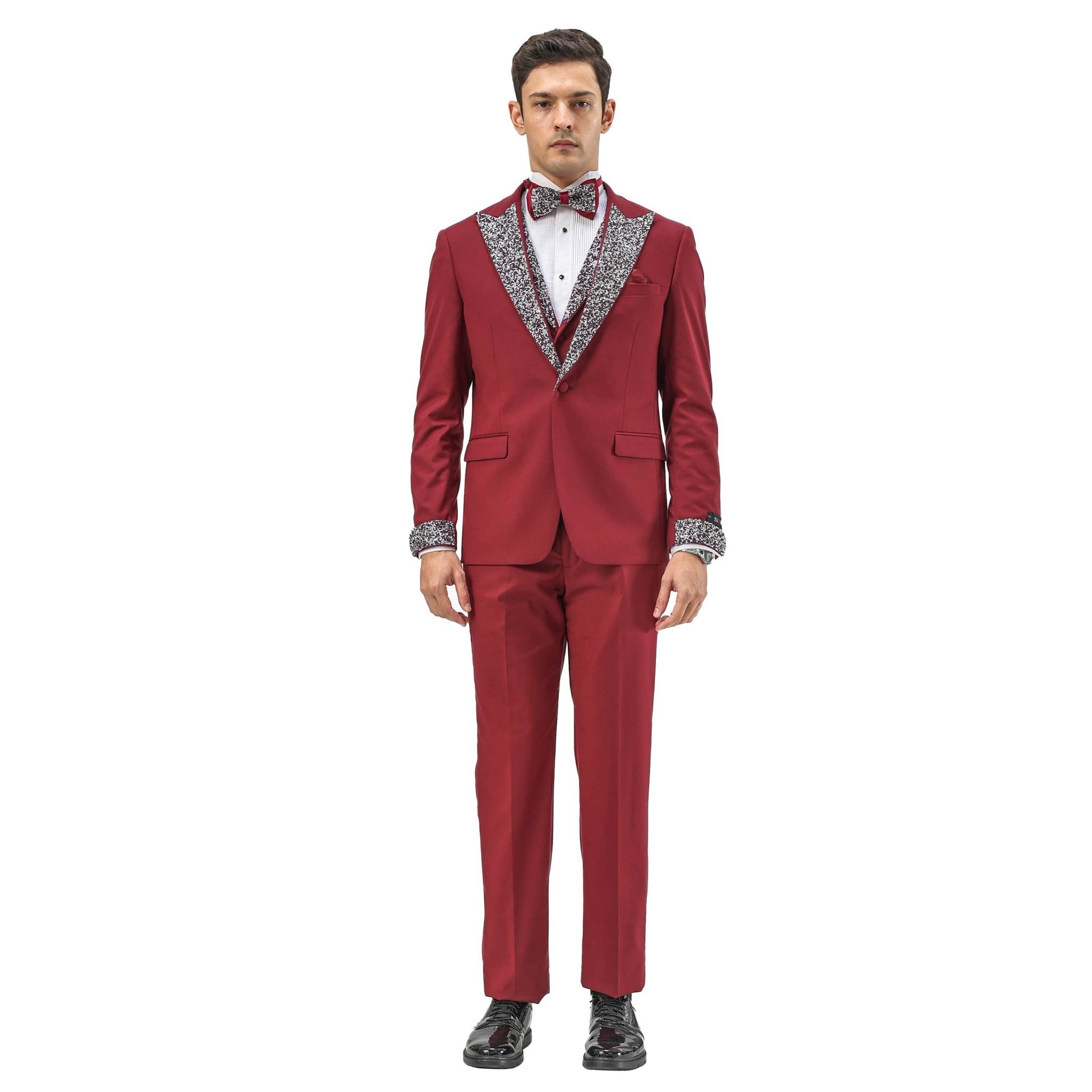 3 PC Solid Satin Rhinestone Peak Lapel Collared Vest Suit from On Time Fashions – Mens-suit by Tazzio, Birmingham AL’s 1 fashion store and premier destination for streetwear, suits, kids fashion, and big & tall