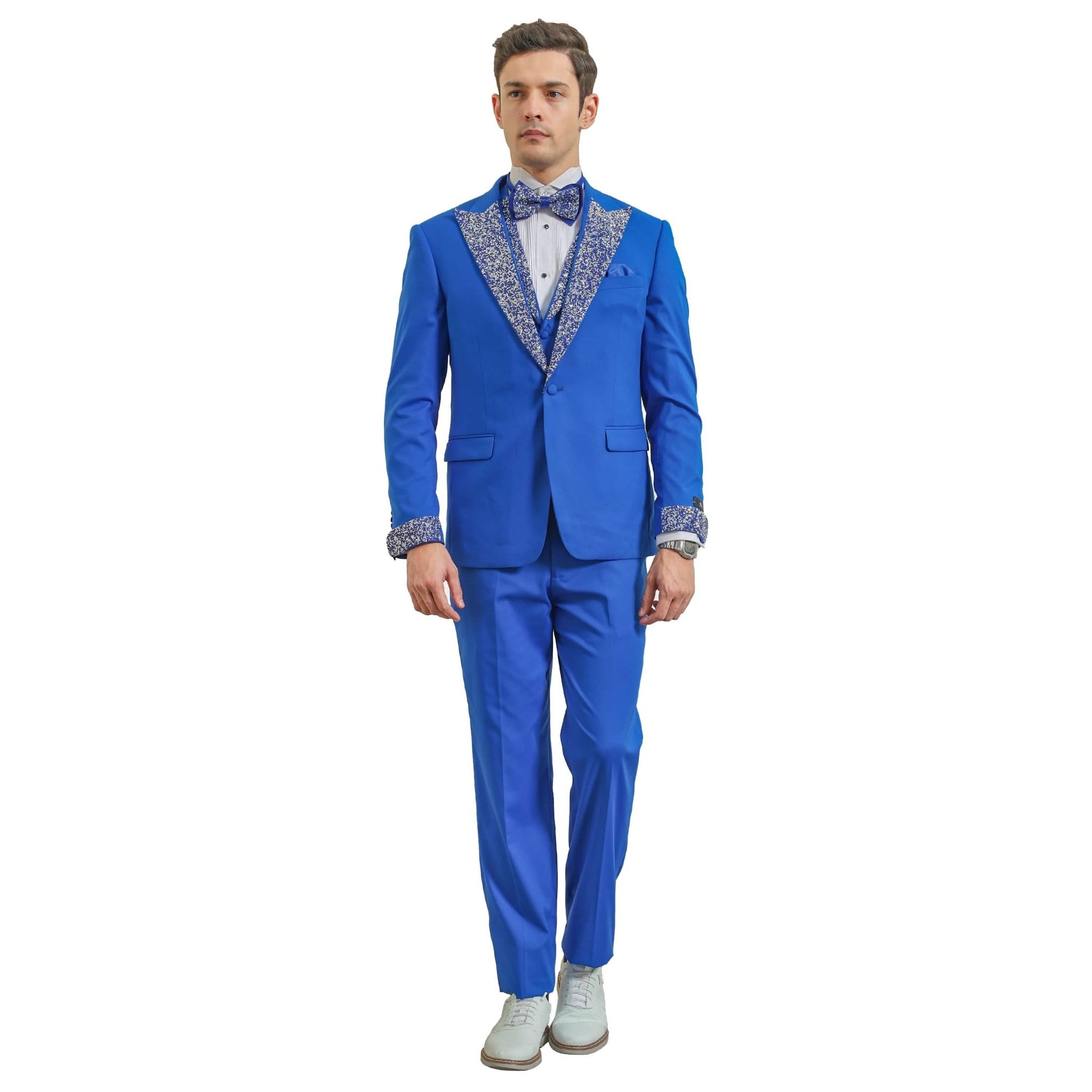 3 PC Solid Satin Rhinestone Peak Lapel Collared Vest Suit from On Time Fashions – Mens-suit by Tazzio, Birmingham AL’s 1 fashion store and premier destination for streetwear, suits, kids fashion, and big & tall