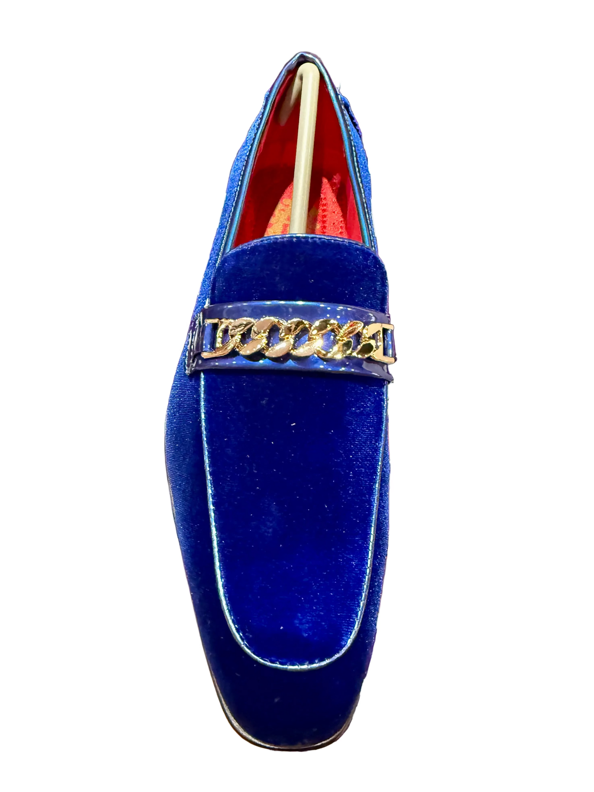 Blue velvet loafer with gold chain detail 