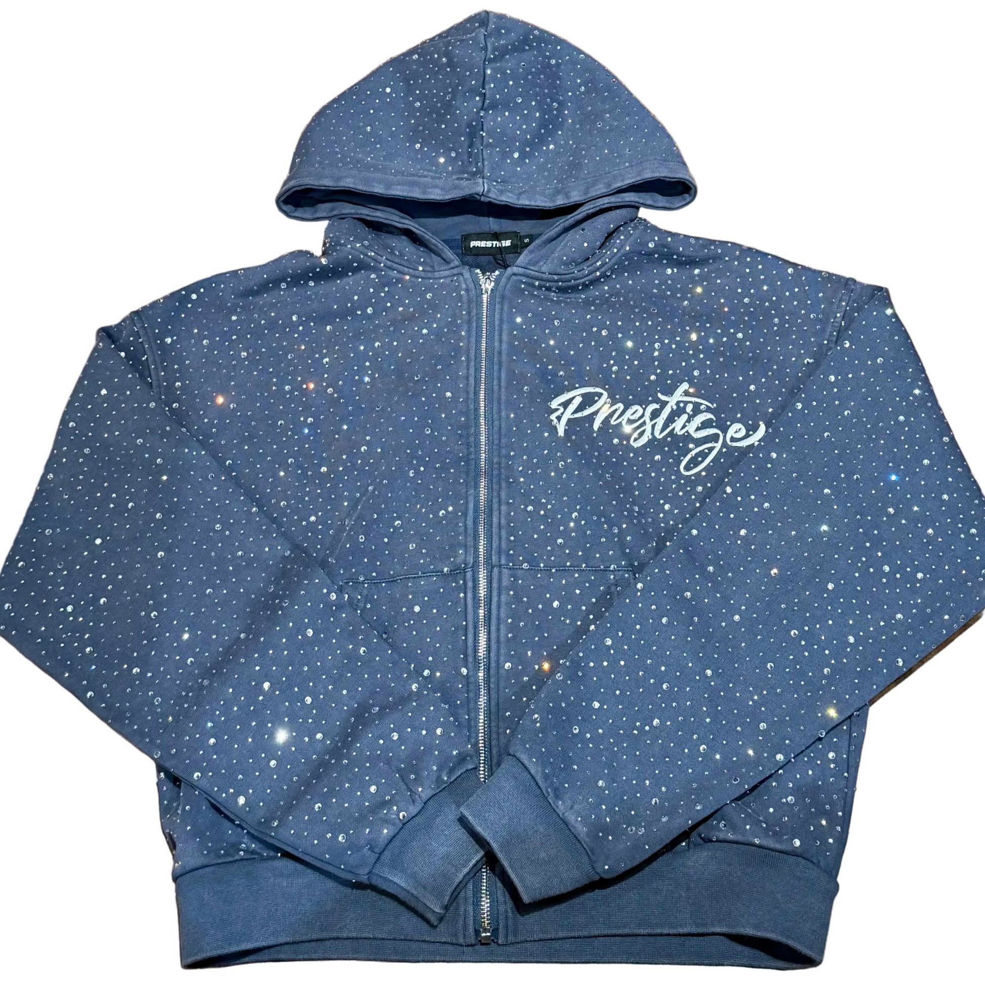 Blue hoodie with 'Prestige' text