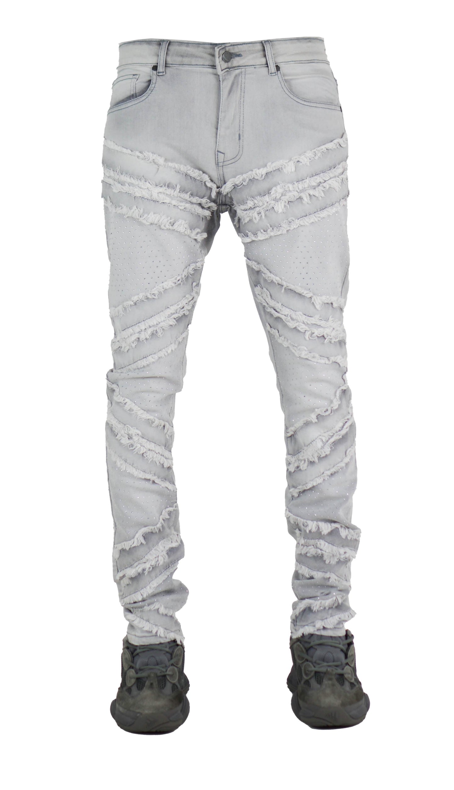 Light grey distressed jeans on a white background