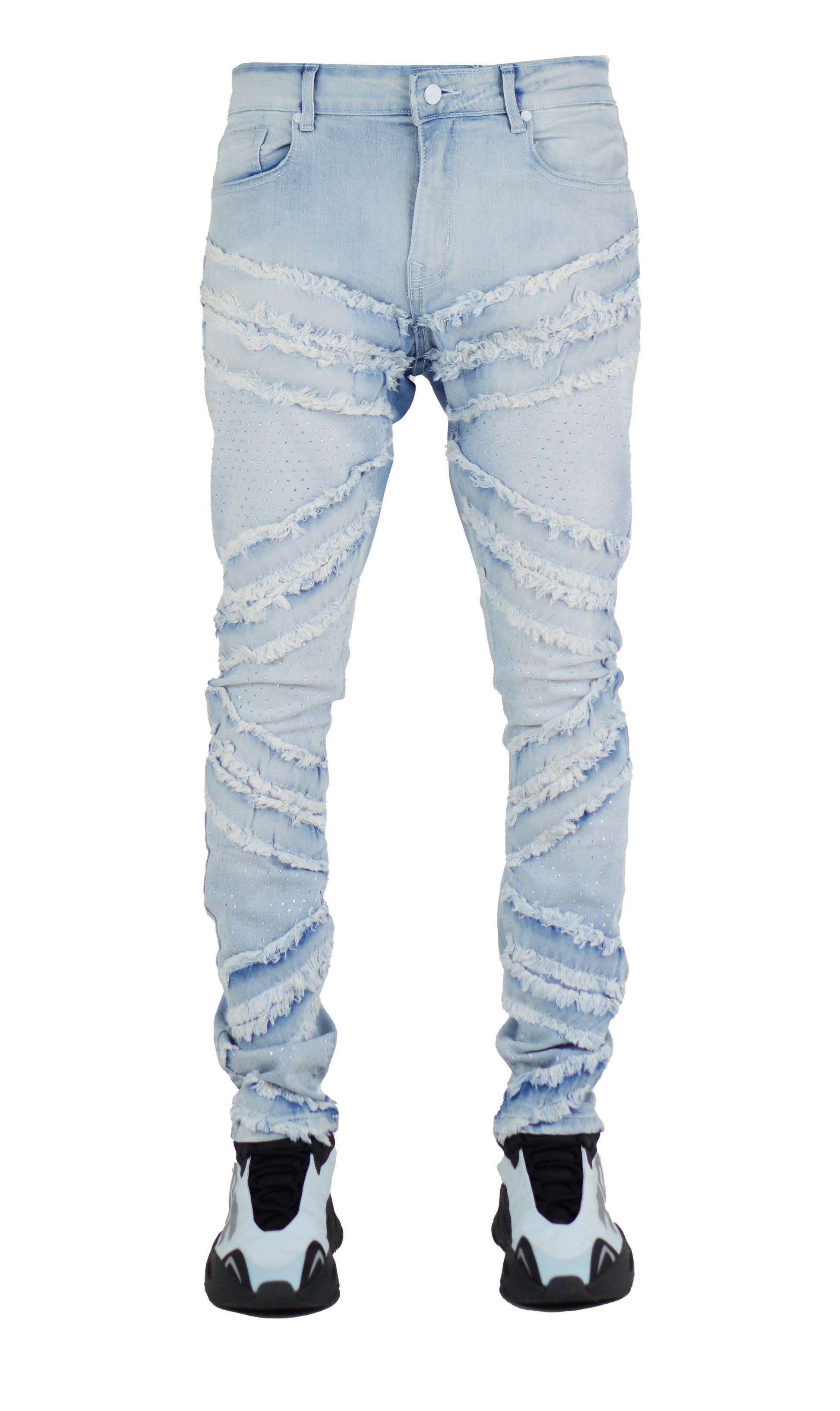 Light blue distressed jeans on a white background