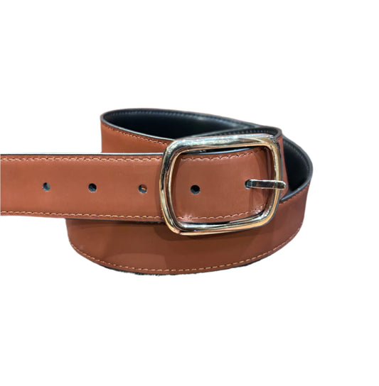 Brown belt with a silver buckle