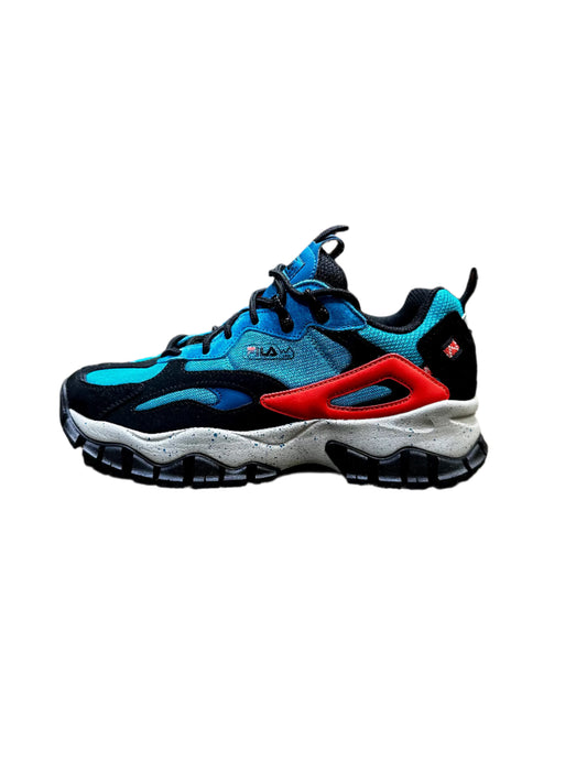 Colorful sneaker with black, blue, and red design.