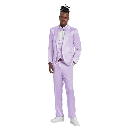 Men's Lavender Solid Shiny U-Shape Vest Suit