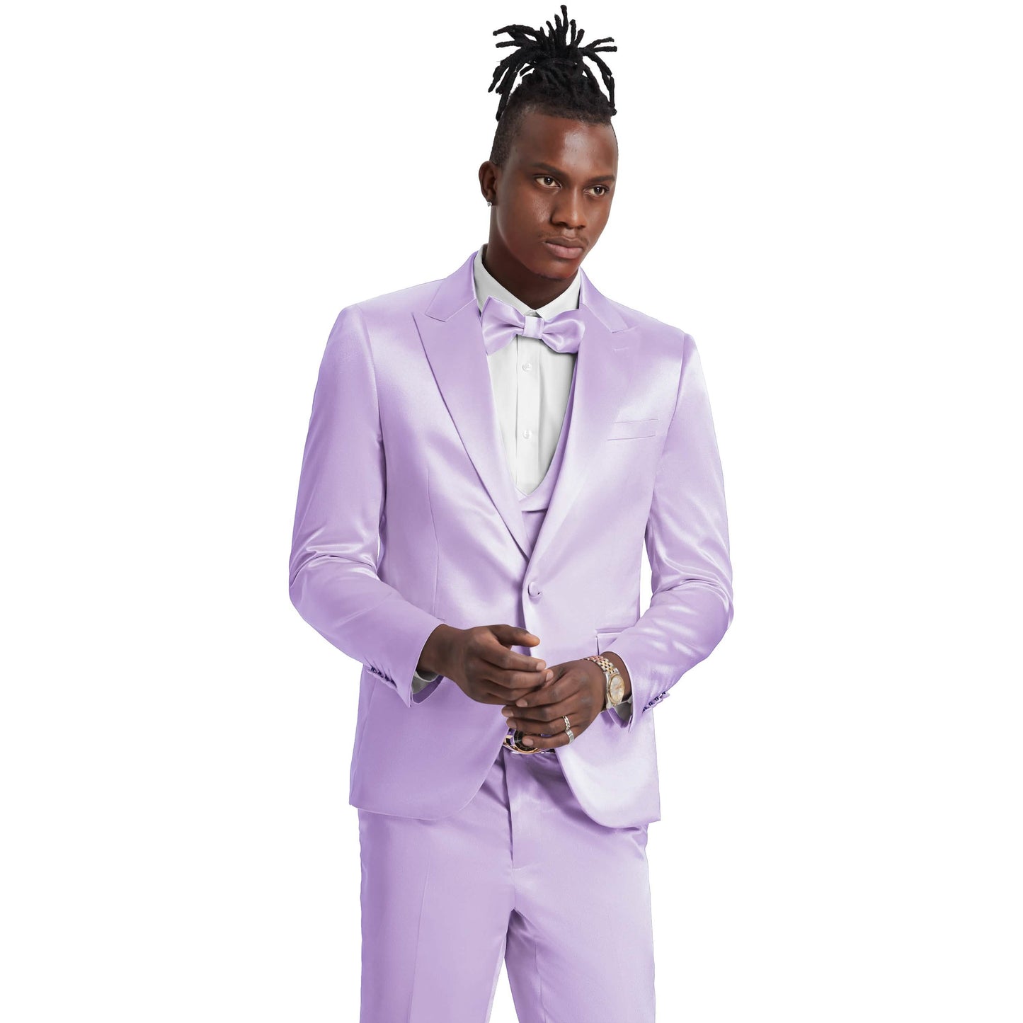 Men's Lavender Solid Shiny U-Shape Vest Suit
