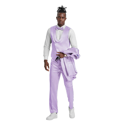Men's Lavender Solid Shiny U-Shape Vest Suit