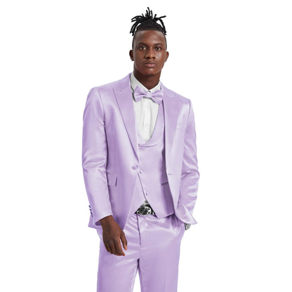 Men's Lavender Solid Shiny U-Shape Vest Suit