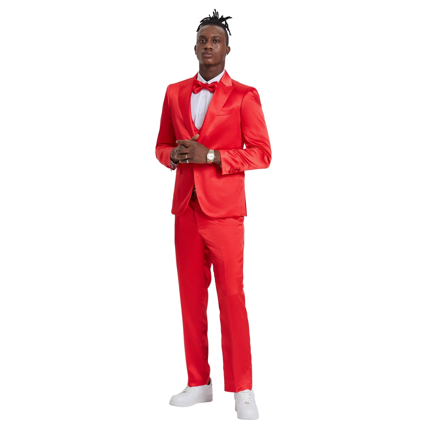 Men's Red Solid Shiny U-Shape Vest Suit