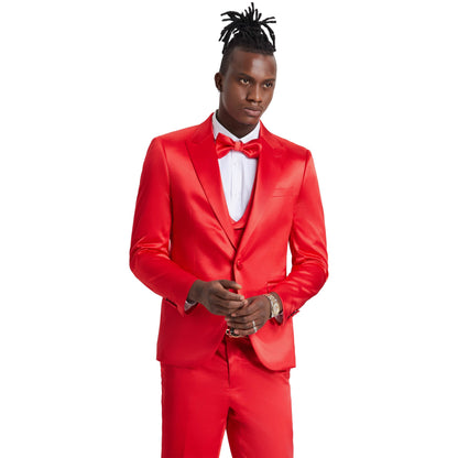 Men's Red Solid Shiny U-Shape Vest Suit