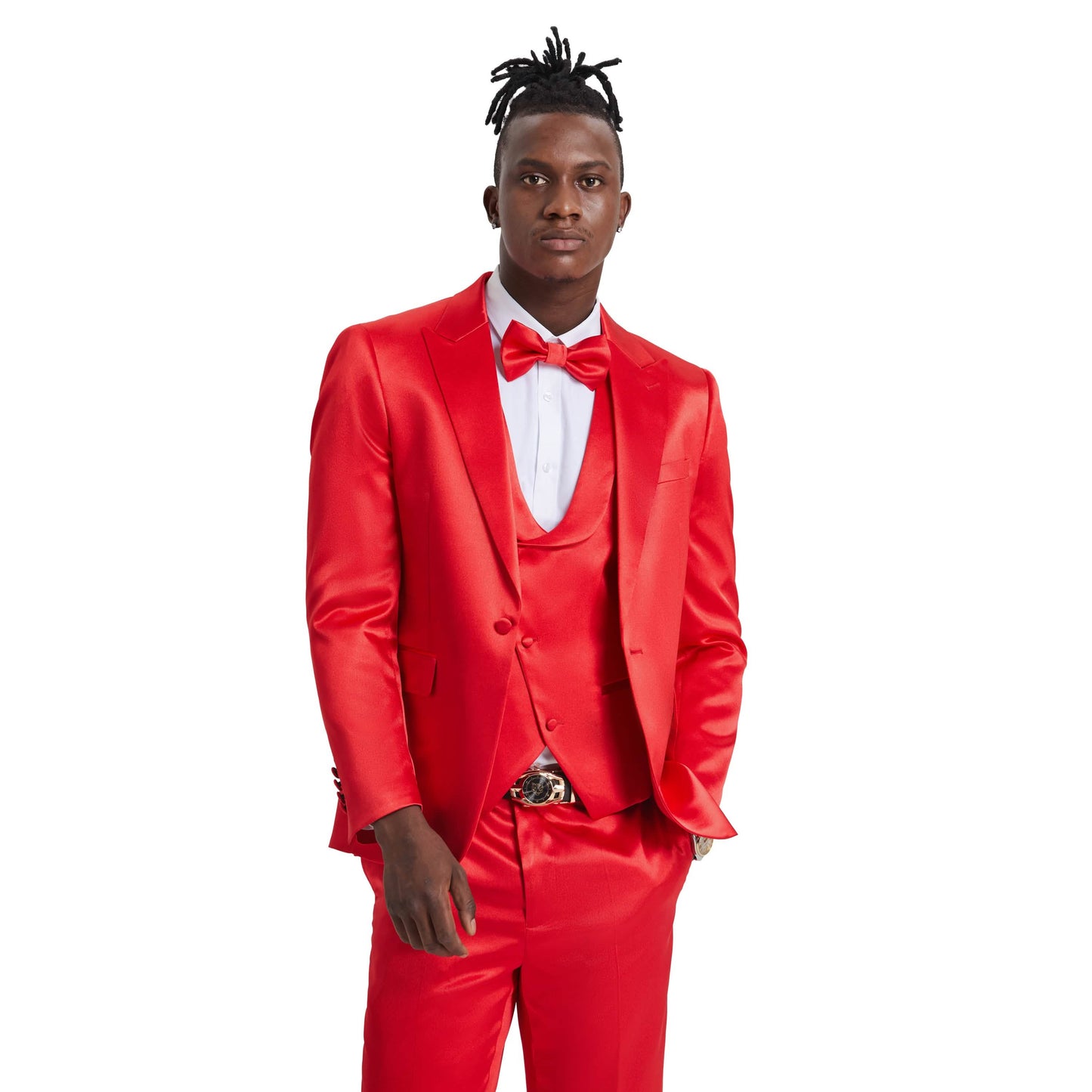 Men's Red Solid Shiny U-Shape Vest Suit