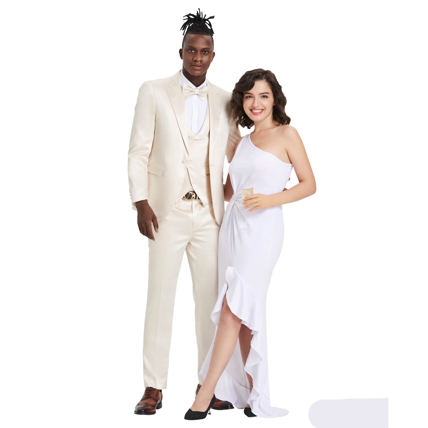 Men's Champagne Solid Shiny U-Shape Vest Suit
