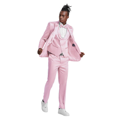Men's Dusty Rose Solid Shiny U-Shape Vest Suit