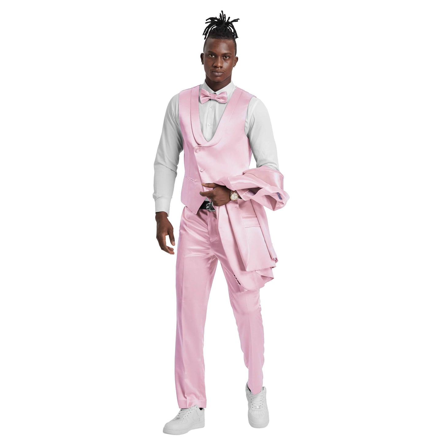 Men's Dusty Rose Solid Shiny U-Shape Vest Suit