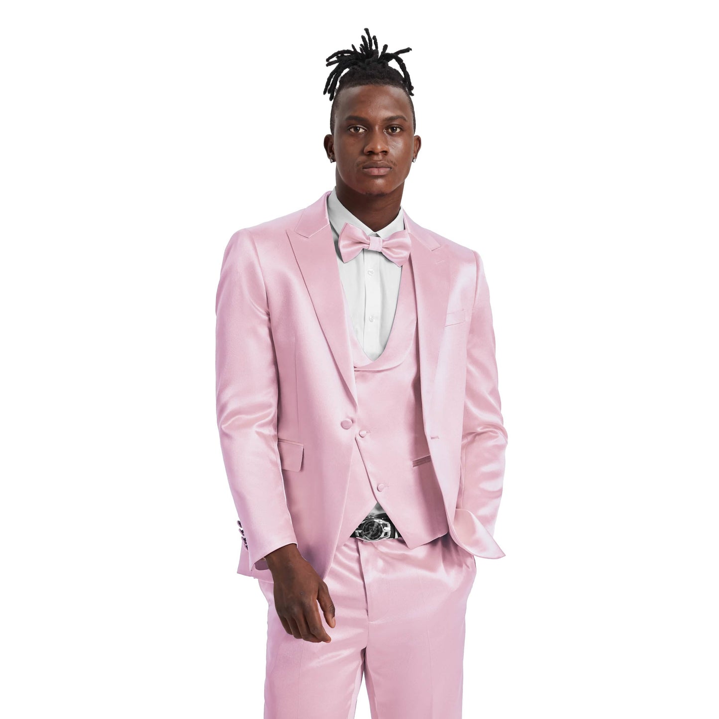 Men's Dusty Rose Solid Shiny U-Shape Vest Suit
