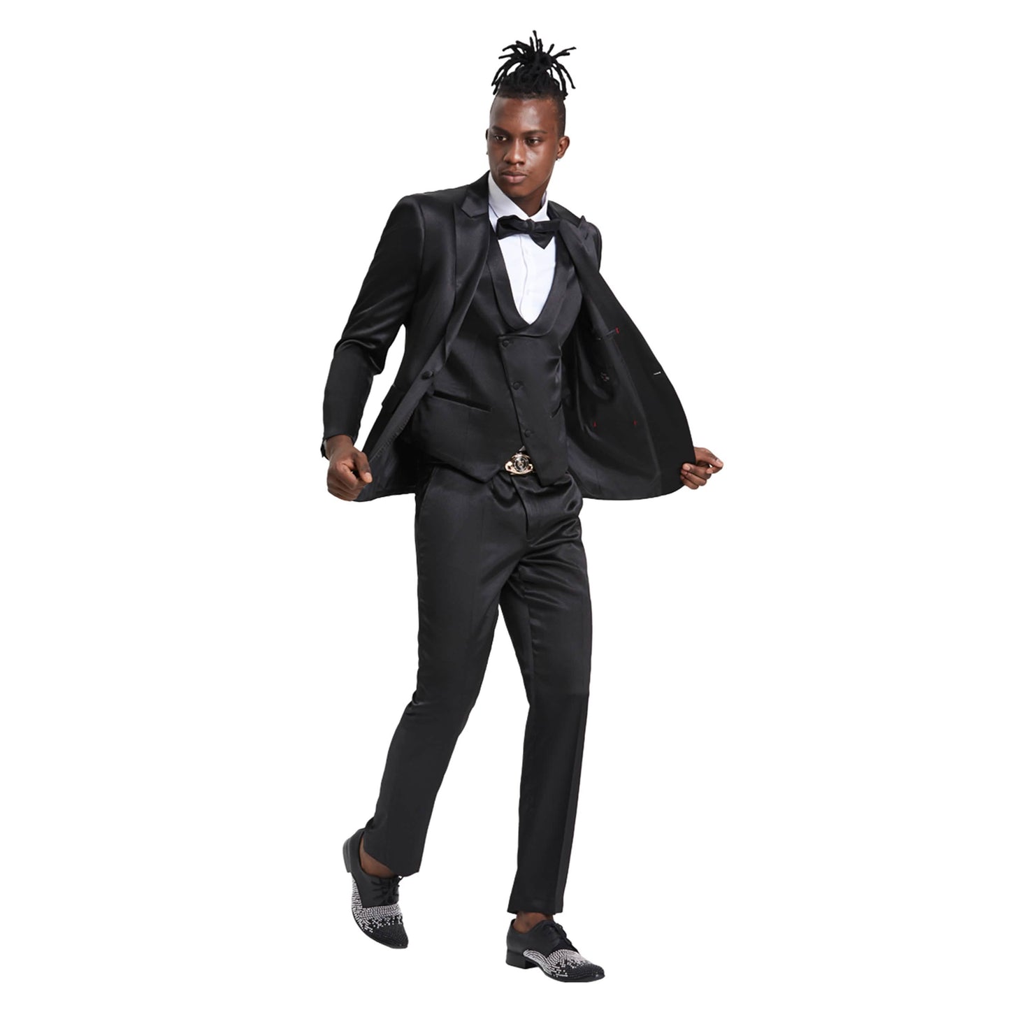 Mens Black Solid Shiny U-Shape Vest Suit