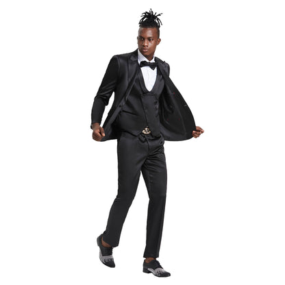 Mens Black Solid Shiny U-Shape Vest Suit