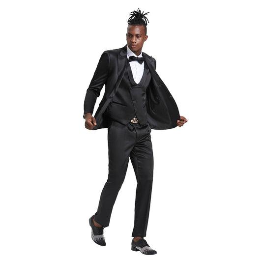 Mens Black Solid Shiny U-Shape Vest Suit