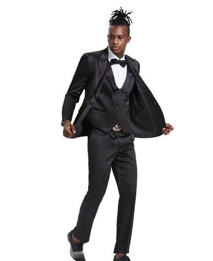 Mens Black Solid Shiny U-Shape Vest Suit