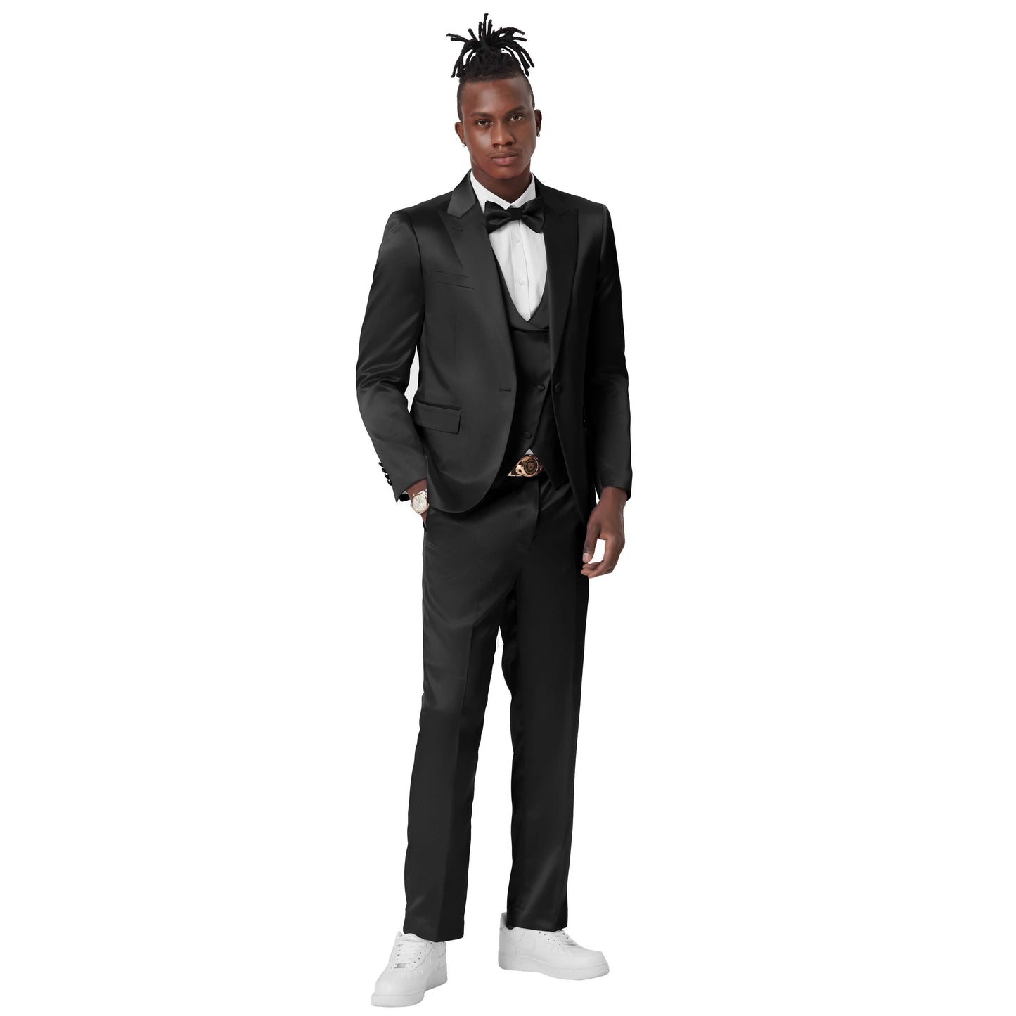 Mens Black Solid Shiny U-Shape Vest Suit