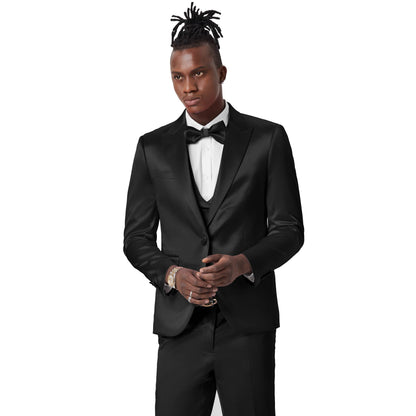 Mens Black Solid Shiny U-Shape Vest Suit