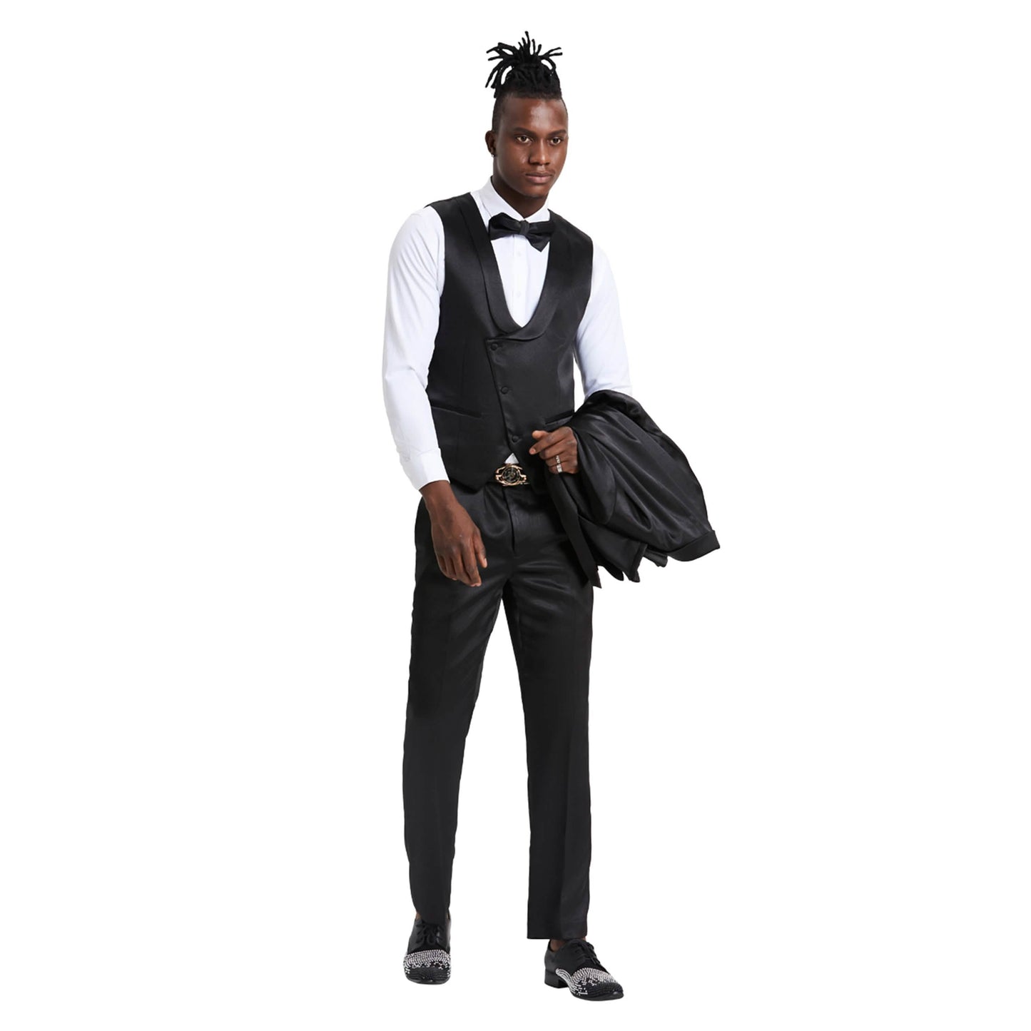 Mens Black Solid Shiny U-Shape Vest Suit