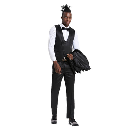 Mens Black Solid Shiny U-Shape Vest Suit