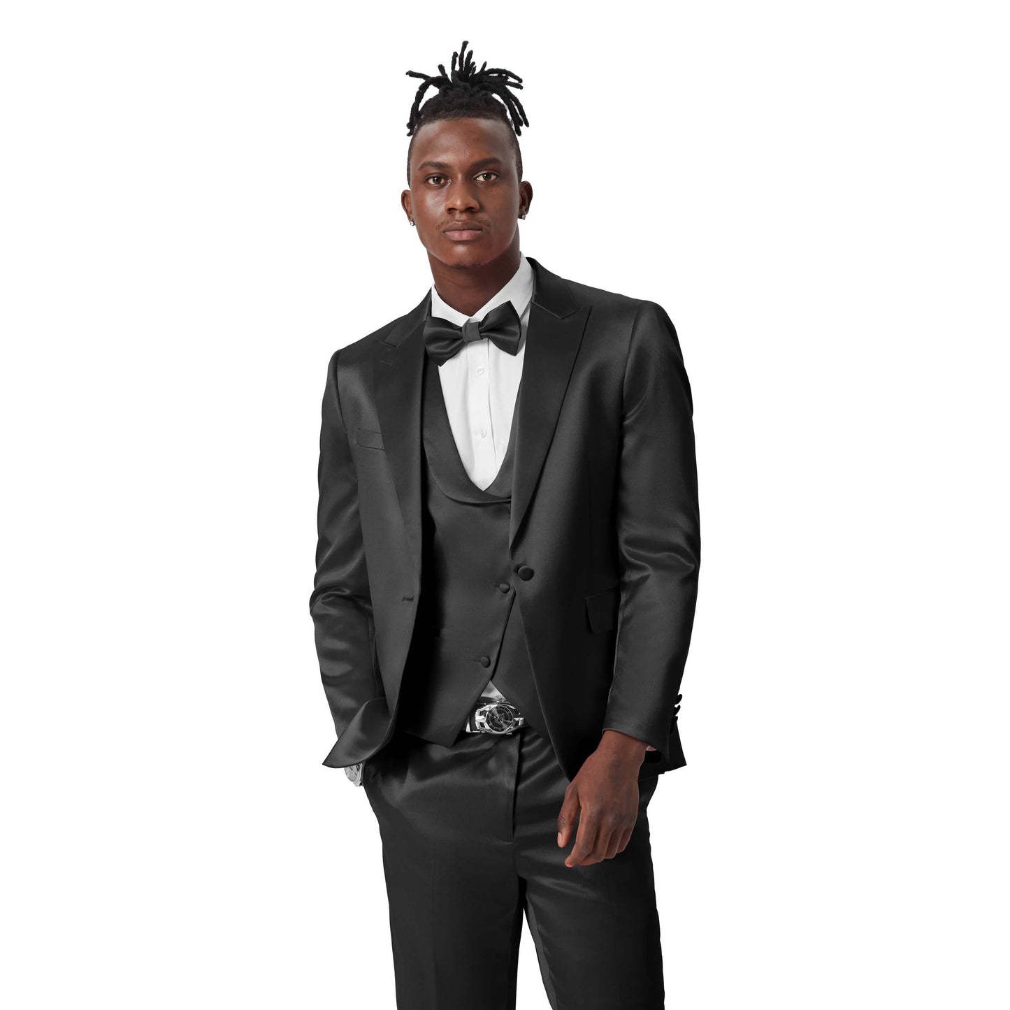 Mens Black Solid Shiny U-Shape Vest Suit