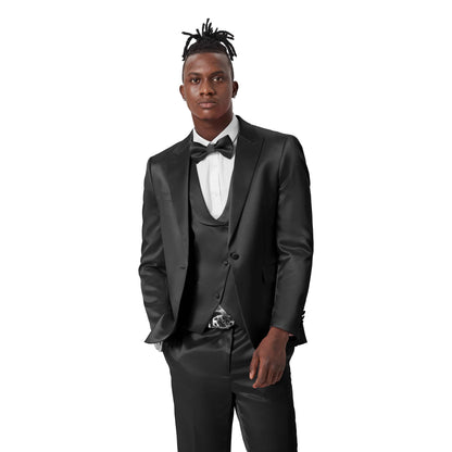 Mens Black Solid Shiny U-Shape Vest Suit