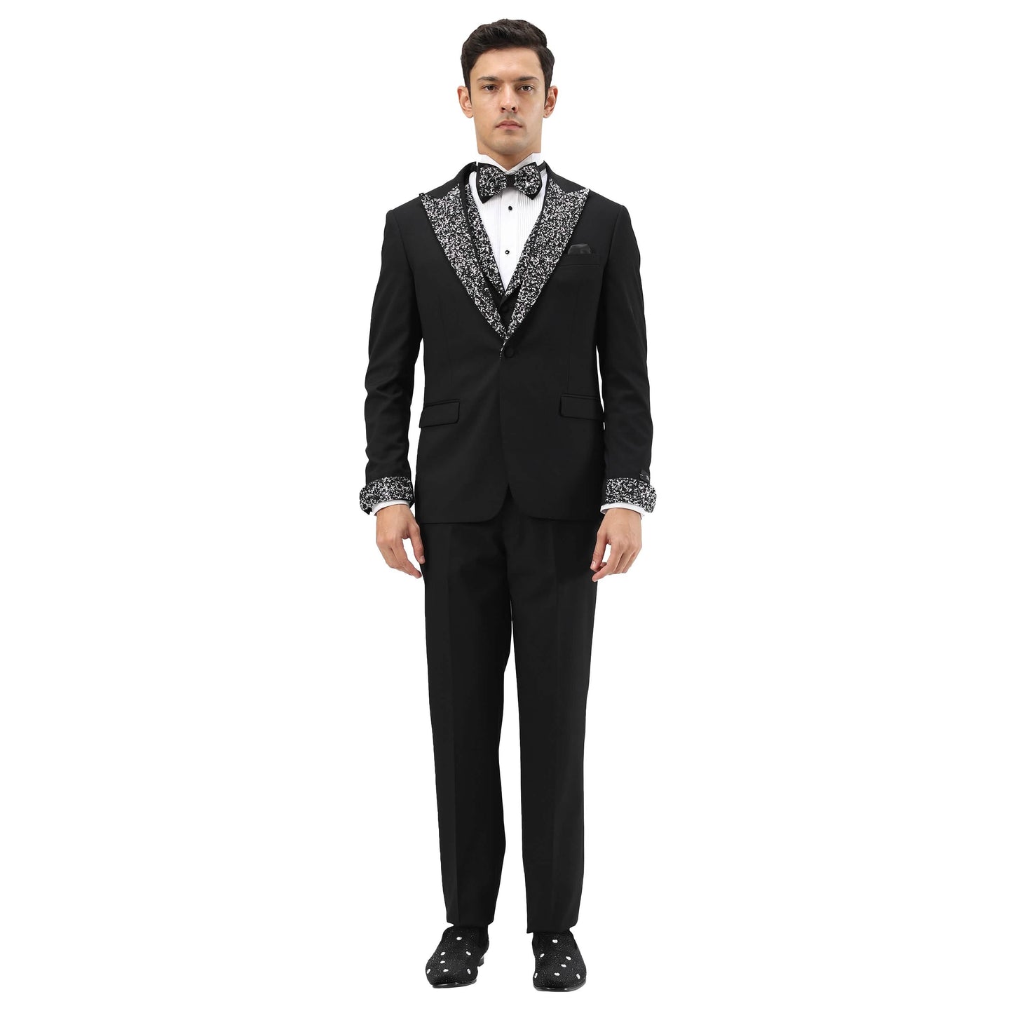 3 PC Solid Satin Rhinestone Peak Lapel Collared Vest Suit