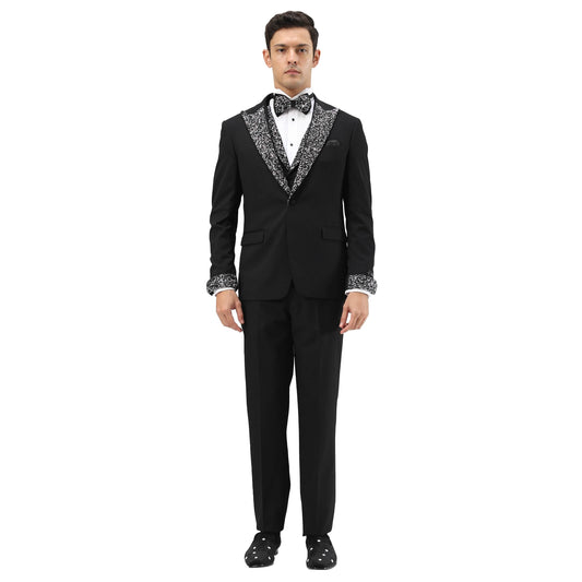 3 PC Solid Satin Rhinestone Peak Lapel Collared Vest Suit