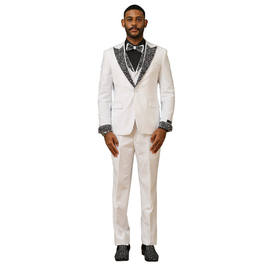 3 PC Solid Satin Rhinestone Peak Lapel Collared Vest Suit