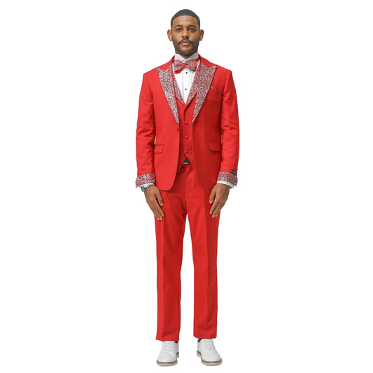 3 PC Solid Satin Rhinestone Peak Lapel Collared Vest Suit