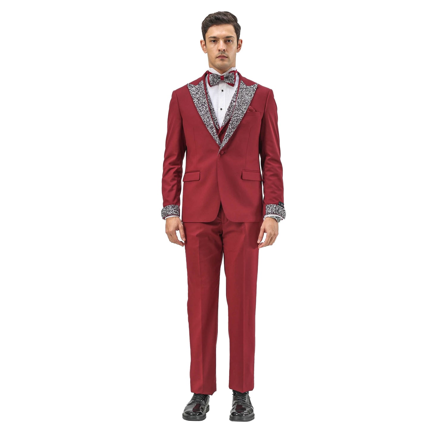 3 PC Solid Satin Rhinestone Peak Lapel Collared Vest Suit