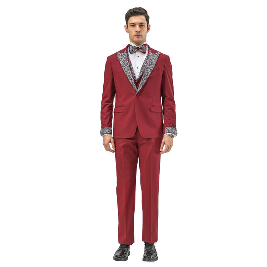 3 PC Solid Satin Rhinestone Peak Lapel Collared Vest Suit