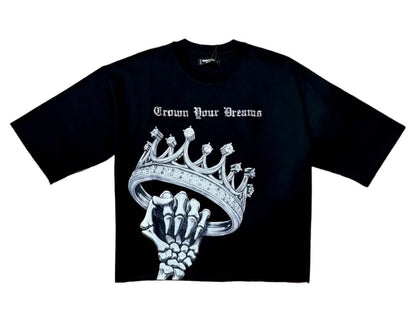 Black t-shirt with skeleton hand holding a crown and 'Crown Your Dreams' text 