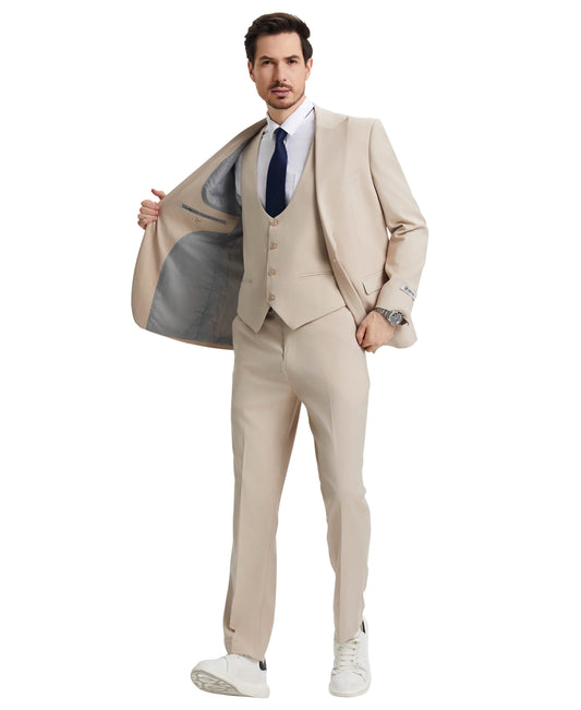 Stacy Adams Hybrid-Fit Vested Suit w/ U-Shaped Vest, Tan