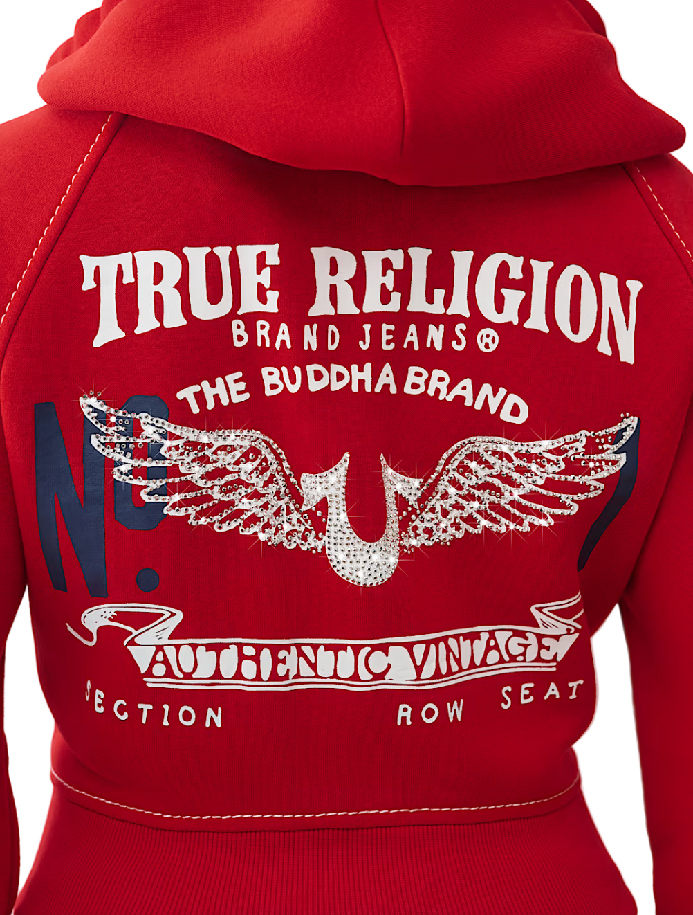 Red hoodie with 'True Religion' branding and text on a white background