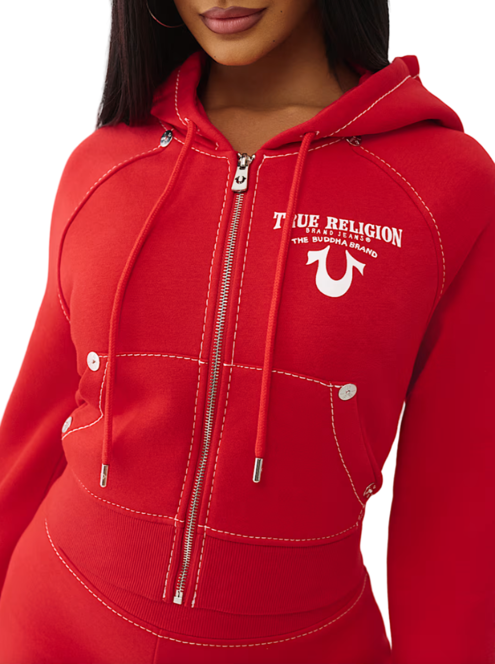 Red hoodie with 'True Religion' branding on a white background