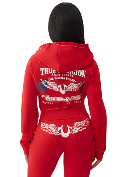 Red hoodie with white graphics and text on a plain background