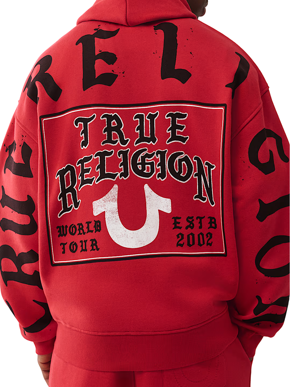 Red hoodie with 'True Religion' branding on the back